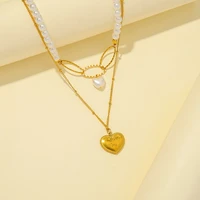 meyrroyu stainless steel 2 layer gold color heart necklace for women pearl chain choker 2021 trend fashion party pendant jewelry