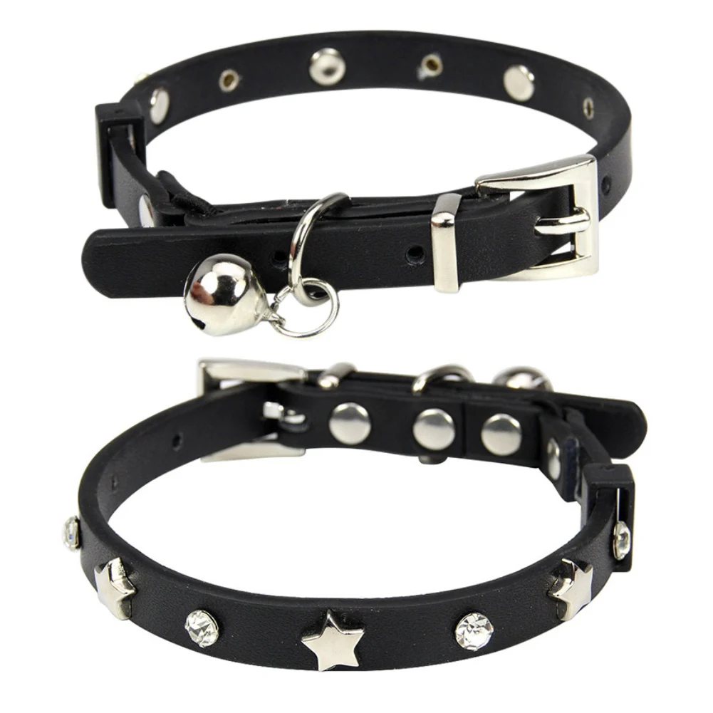 

Adjustable Cat Dog Collar With Bell Cats Dog Leather Star Studded Collars For Small Medium Dogs Cats Chihuahua Accessories