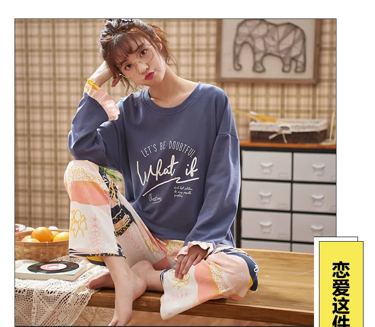 M L XL XXL XXXL 4XL Для женщин Хлопковая пижама комплект с принтом для девочек, пижамный комплект, пижама с длинными рукавами костюм Для женщин наборы пижам осень-зима