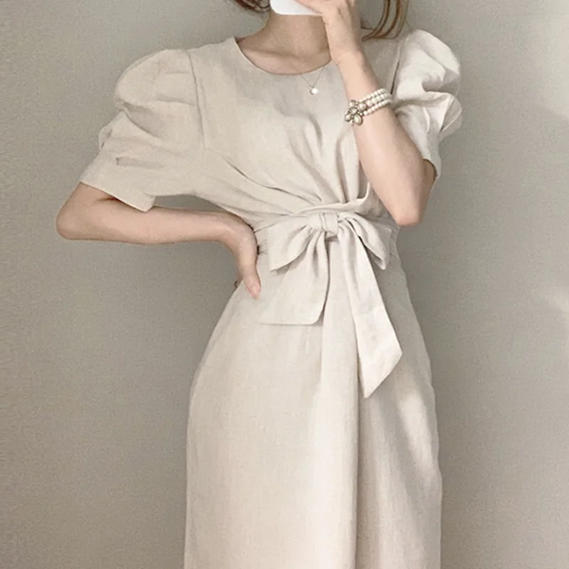 

KUSAHIKI Elegant O-neck Bow Tie Slim Waist Dress Korean Chic Puff Sleeve Woman Dresses 2021 Summer New Solid Vestido Femme 6H706