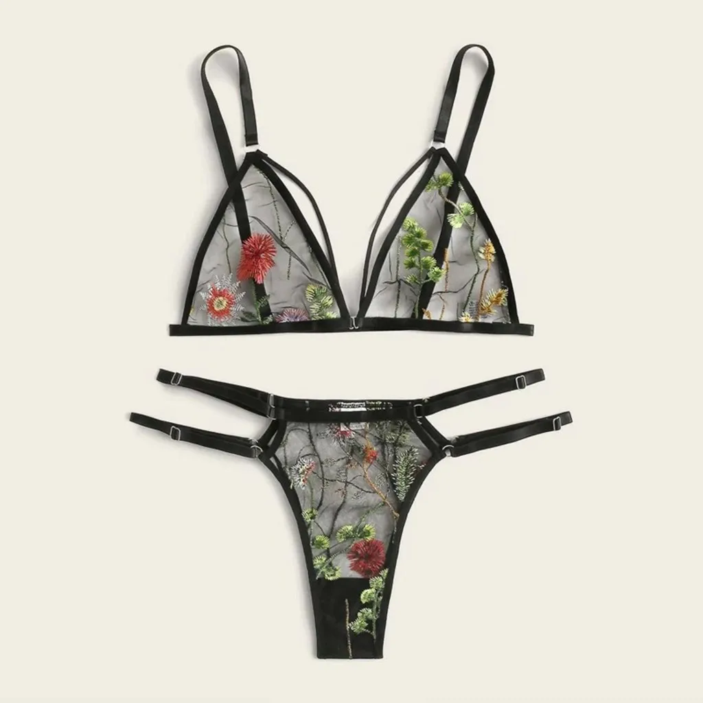 

Sexy Women Lace Bras Panties G-string Garter Set Sexy Lingerie Sets Flower Embroidery Lace Bra Thong Lingerie Set G-String S-3XL