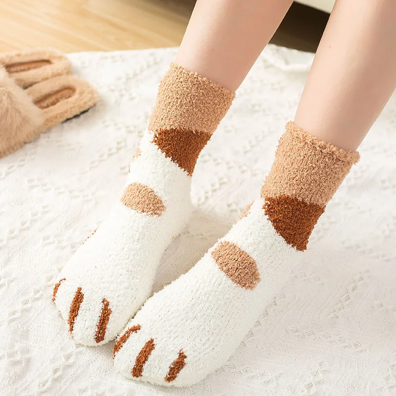 Fuzzy Fluffy Terry Warm Socks Animal Claws Coral Velvet Socks Winter Kawaii Thick Socks Striped Cartoon Women Short Cute Socks