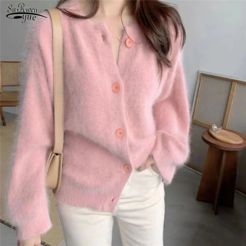 

Autumn Winter Sweet Fashion Long Sleeve Casual Solid Color Sweaters White Mohair Thicken Cardigan Sweater Coat Pull Femme 17613