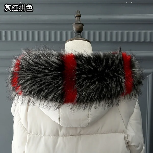 grey with red Новое поступление, воротник из искусственного меха енота, зимний женский шарф, зимние куртки, капюшон, меховая декоративная шаль, разноцветное мужское пальто, меховой воротник, FY50 - Цвет: grey with red