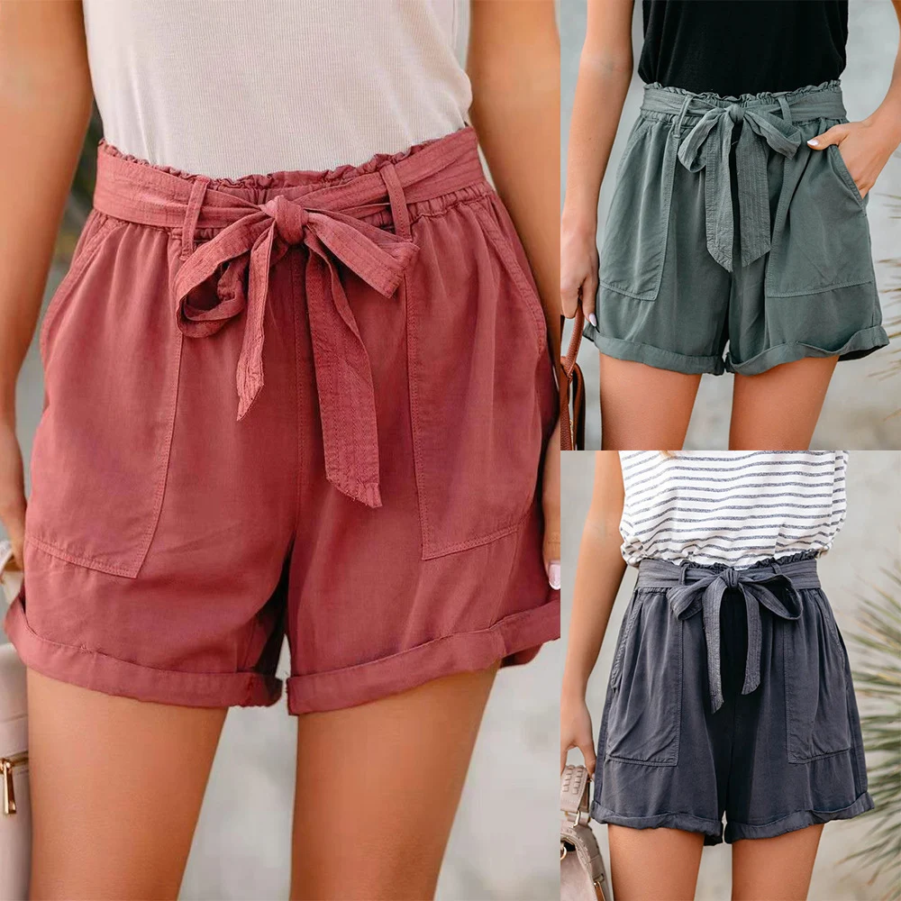 

Women Casual Short Pants 2021 Summer High Waist Solid Color Shorts Drawstring Pockets Straight Elastic Waist Short Trousers D30