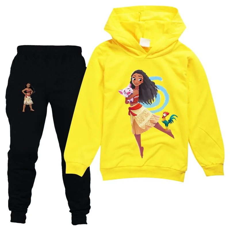 Костюм Moana Hoodie Suit Fashion Vaiana Print осенний повседневный костюм с капюшоном для девочек, состоящий из спортивных брюк и толстовки в двух частях, одежда для спорта и отдыха.
