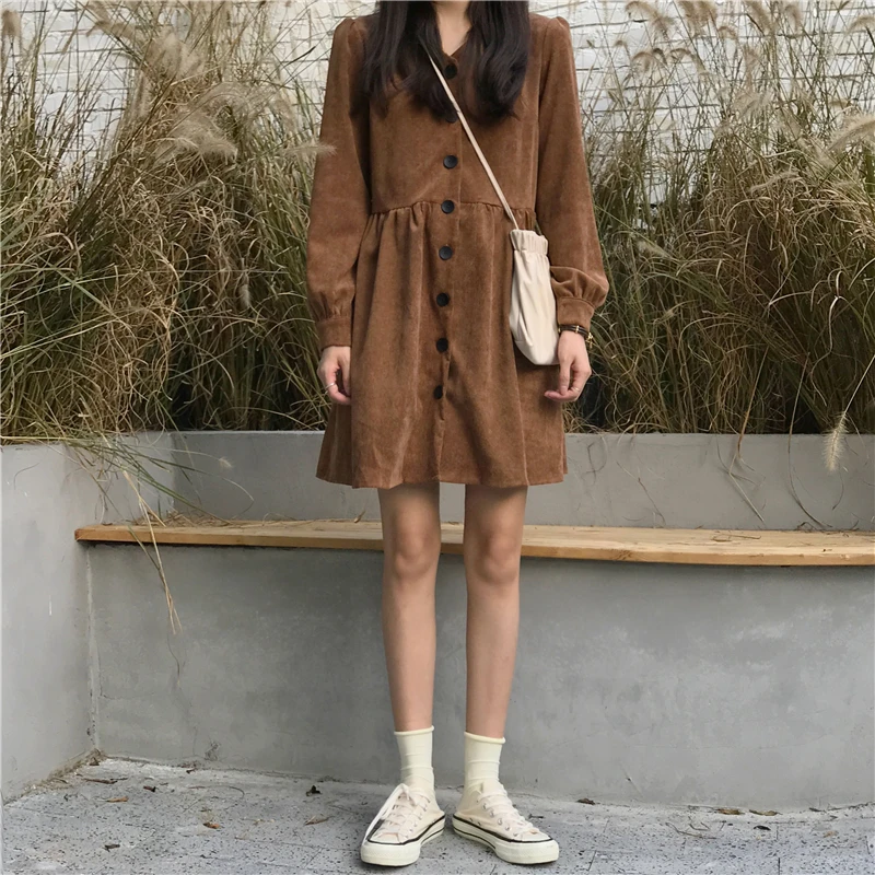 Повседневное осеннее женское платье винтажное милое однотонное мини-платье на