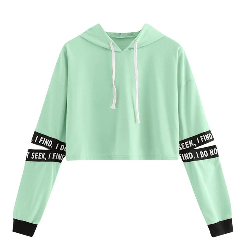 

Autumn Thin Sweatshirt Women Long Sleeve Bandage Hooded Short Pullover Clothing Crop Top Letter Print Causal Ladies Hoodies