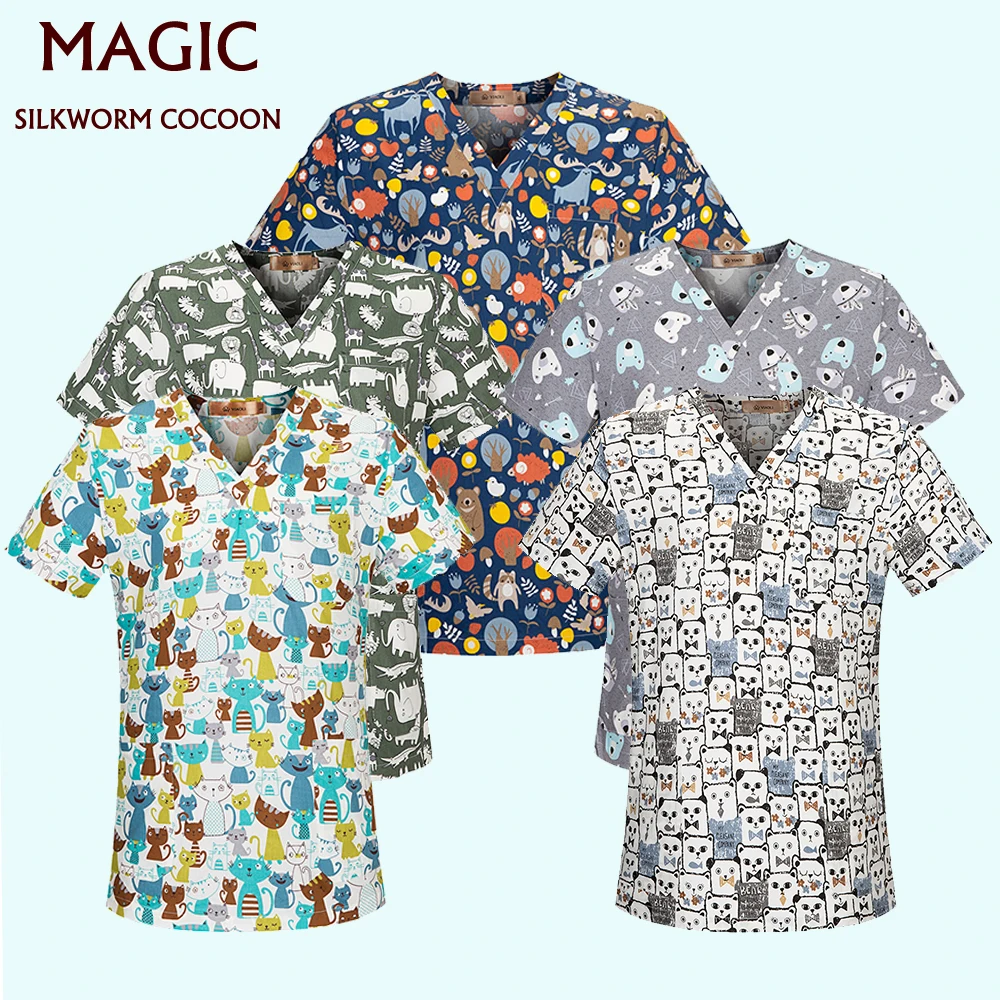

V-Neck Scrubs Tops Pet Beauty Salon Uniform Nursing Shirt Print Scrub Tops 100%Cotton Pharmacy Work Wear Clothes