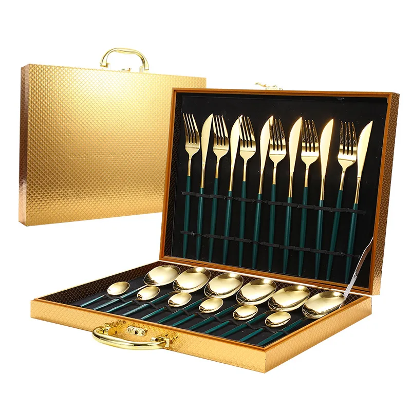 

24pcs Gold Dinnerware Set Stainless Steel Tableware Set Knife Fork Spoon Luxury Cutlery Set Wooden Box Flatware Dishwasher
