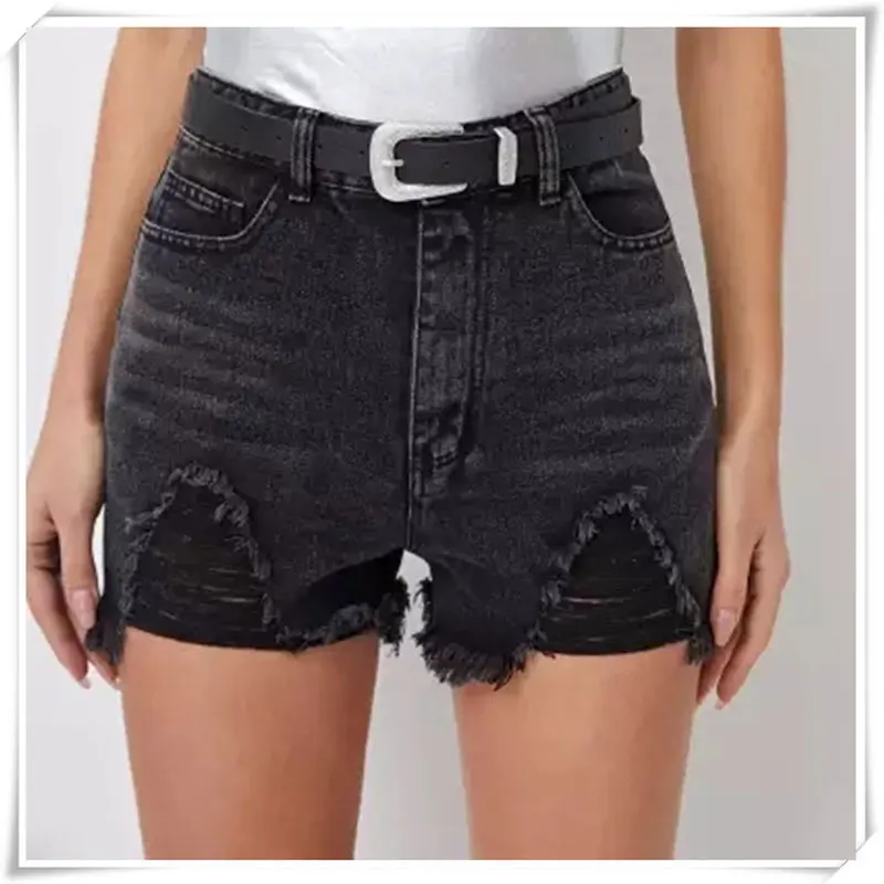 

Summer Sexy Black Jeans Shorts Casual Tassel Hole Pocket High Waist Shorts Women Vintage Slim Ripped Cowboy Shorts