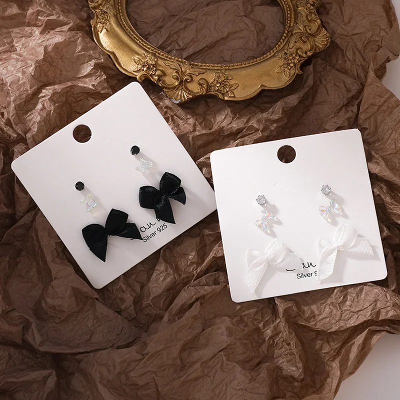 

Origin Summer Korean Simple Black White Bow-knot Dangle Earring for Women Girls Rhinestone Long Sweet Earring Jewelry Pendientes