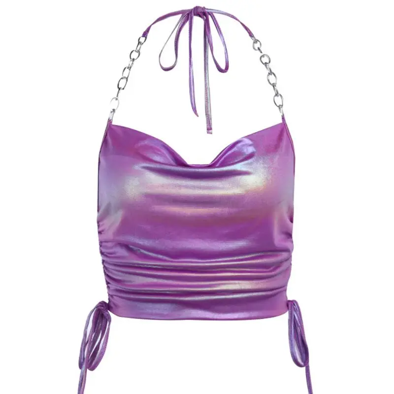 

Y166 Womens Ruched Drawstring Halter Crop Top Hologram Backless Metal Chain Camisole