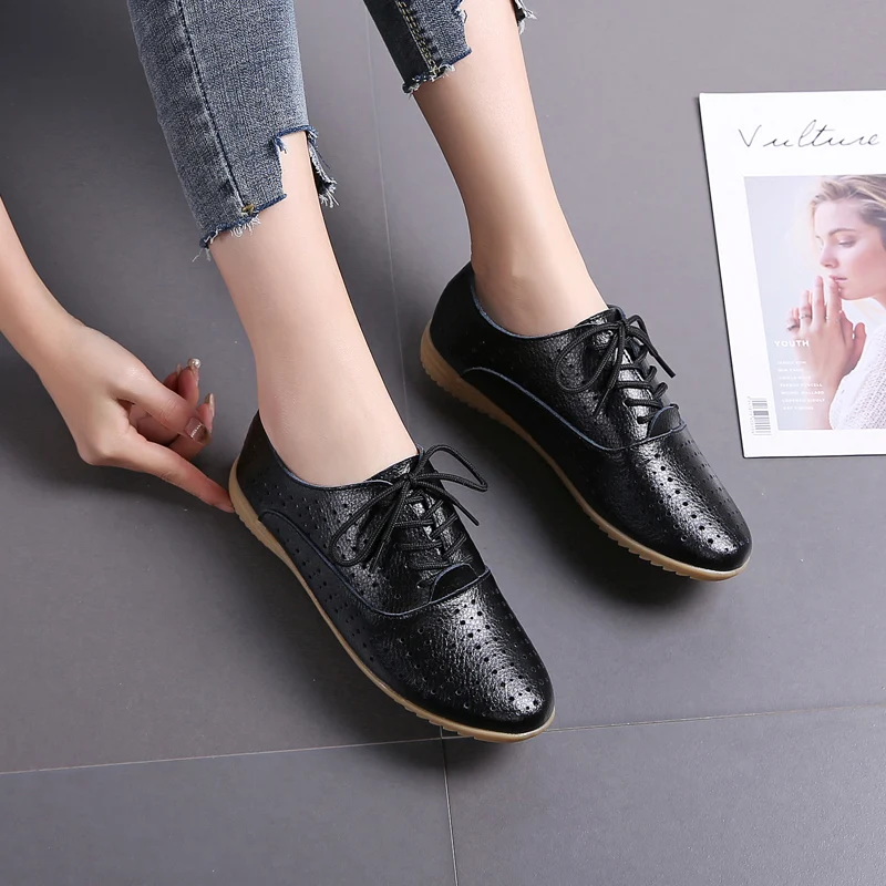 Leather white shoes hollow women's single shoes flat bottom women's shoes casual wear shopping shoes leather and cotton style 41