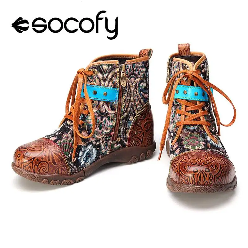 SOCOFY/женские ботильоны из натуральной кожи с кружевной пряжкой; удобные теплые ботильоны на плоской подошве; винтажные ботильоны в богемном стиле; Женская Осенняя обувь