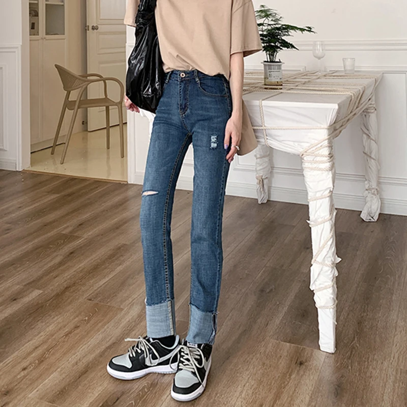 

straight New Casual Women Street Style Versatile Denim Ladie long Pants Vintage Jeans Retro Quality Fashion able cute trousers