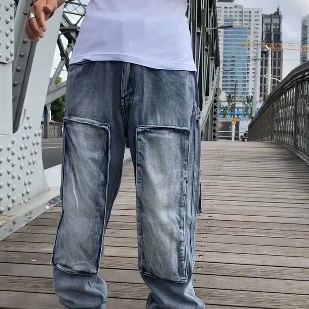 Trendy Hiphop Harem Jeans Overalls Men Casual Denim Cargo Pants Loose Baggy Wide Leg Jeans Big Pocket Trousers Street Fashion