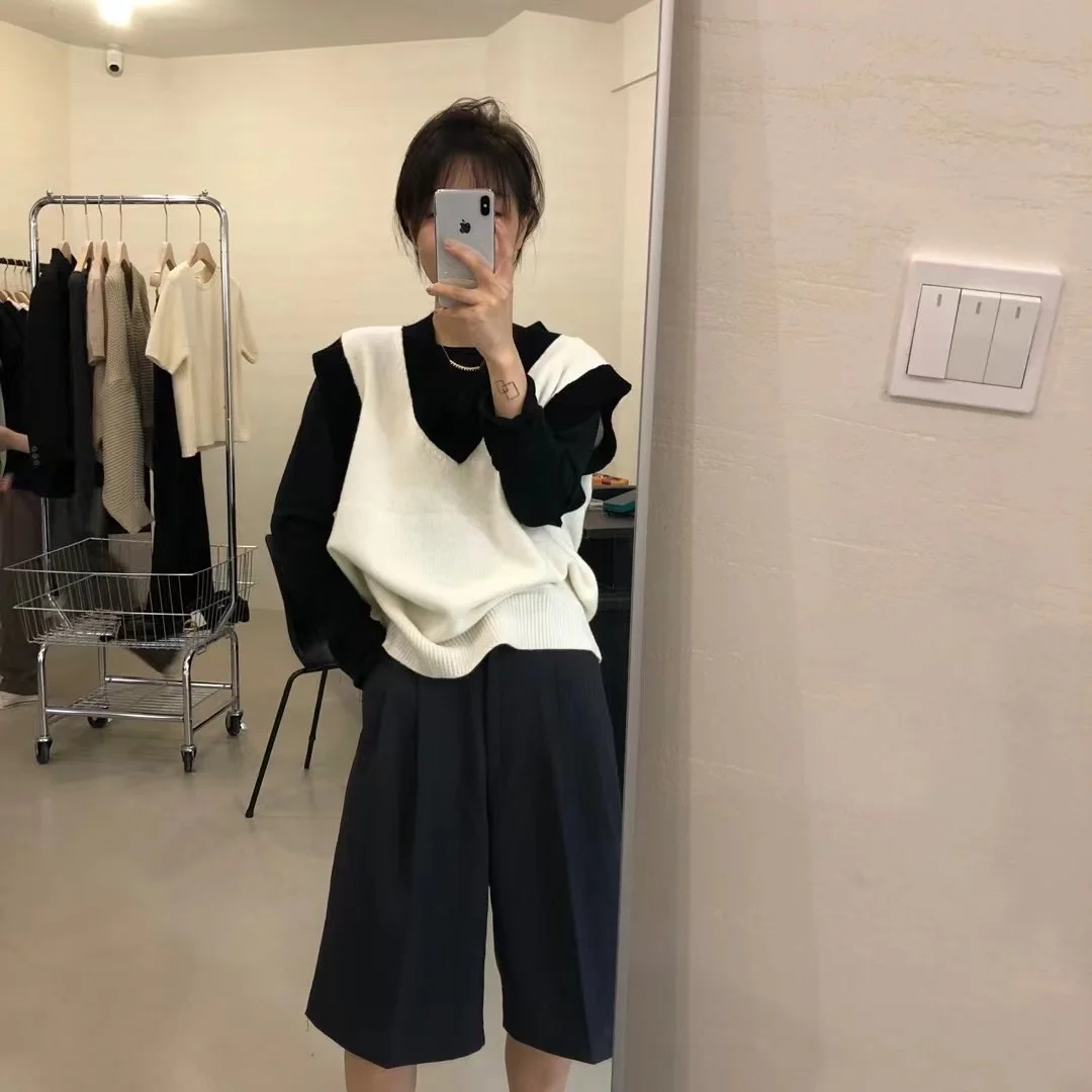 Шерстяной вязаный жилет с V-образным вырезом в Корейском стиле |