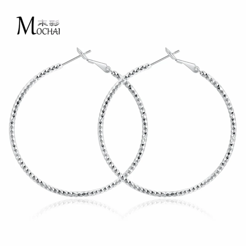 Женские простые тонкие серьги-кольца серебряного цвета большие геометрические