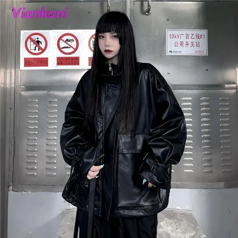Women Leather Jacket Autumn Vintage Motorcycle Zipper Black Overcoat Female Winter High Street Streetwear Y2k Jackets 2022 Ho