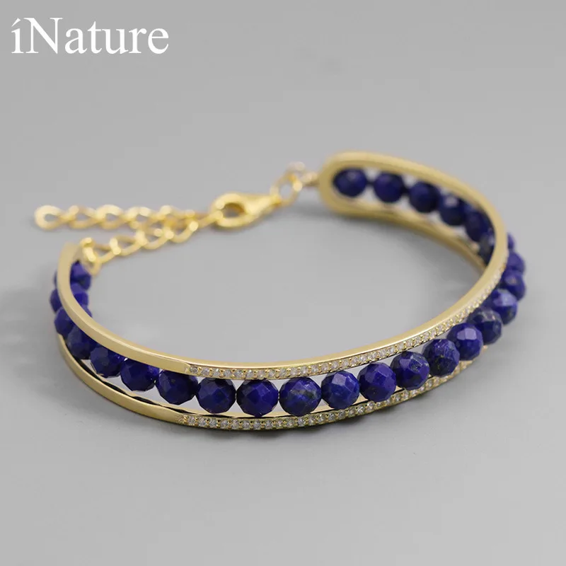 INATURE 925 пробы Серебряный Натуральный лазурит Браслеты с бусинами из камня для