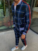 men spring and autumn slim casual fashion checkered joker bunched foot pants cardigan zipper jacket sports suit