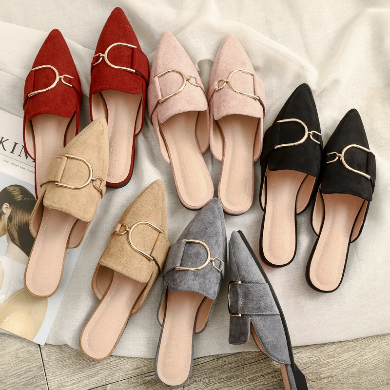 

miaoguan 2021 New Spring Summer Outdoorshoes Woman Mules Platform Slippers Sandalias Pointed Mujer Zapatos Flat De Mujer Calzado