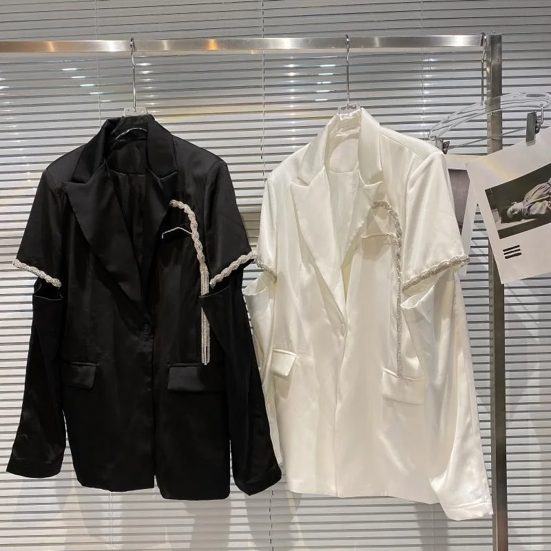 

Diamond Braided Fringes Hollow Sleeve Black Blazer Women 2021 Summer New Elegant Thin Suit Jacket