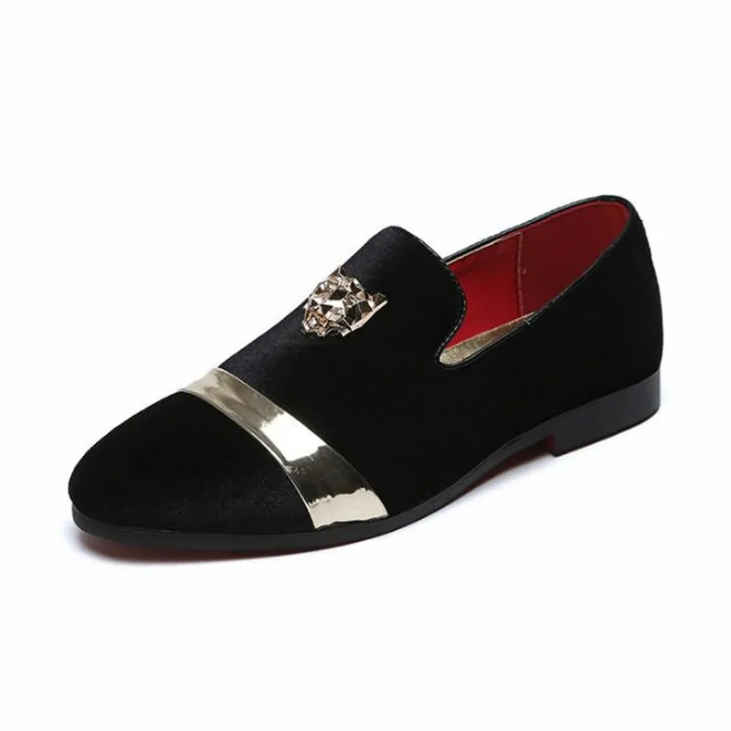 

New Fashion Gold Top Metal Toe Men Velvet Loafers Dress Shoes Italian Mens Dress Shoes Handmade Loafers Shoes SIZE38-47