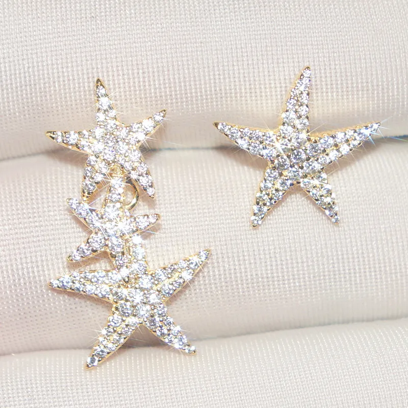 

S925 Sterling Silver Inlaid Zircon Asymmetric Starfish Earrings Temperament Fashion Personality Luxury Brand Monaco Jewelry