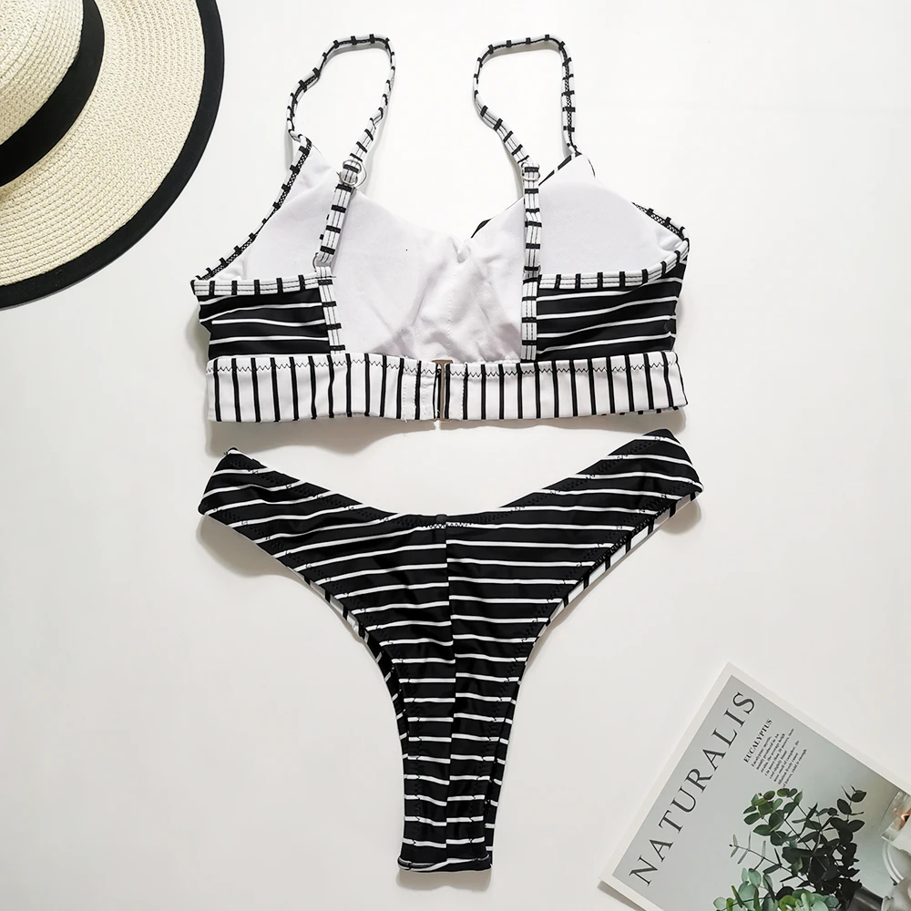 Черно-белое полосатое бикини сексуальный купальник с высоким вырезом женский
