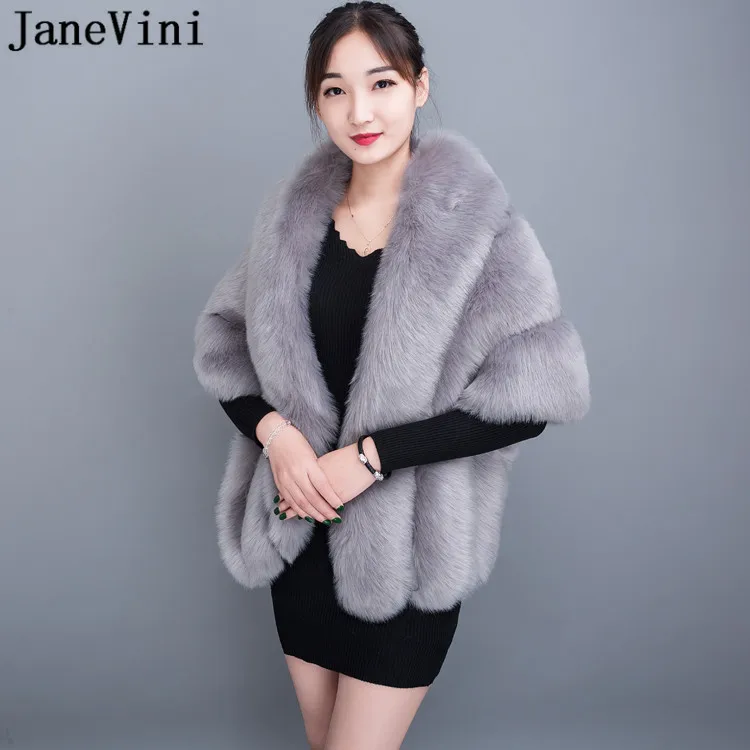 JaneVini Winter Plus Size Women Fur Cape Gray Black Cloak Cape Fake Fox Fur Wedding Bridal Wraps Stoles Party Boleros Shrug