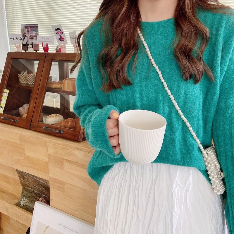 

Loose round neck pullover, twist knitted sweater, women's autumn jacket, new Korean solid color, lazy and chic