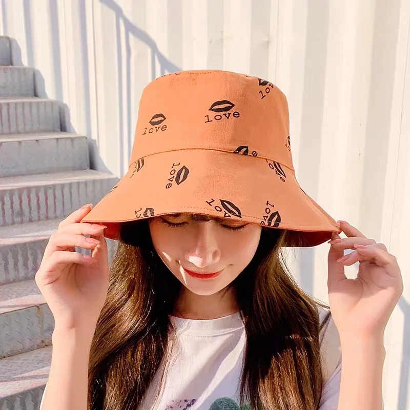 

lips letter women summer Folding Bucket Hat Solid Color Hip Hop Wide Brim Beach UV Protection Round Top Sunscreen Fisherman Cap