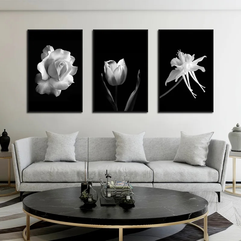 

Modern European-style Simple Flower Black And White Rose Tulip Light Luxury Living Room Decoration Painting