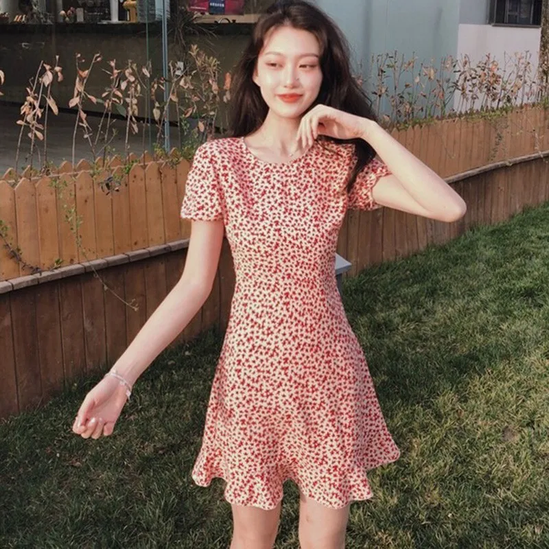 

Hot Sale Summer Women Floral Dress O-Neck Floral Print Knee-Length Short Sleeve Casual Elegant Chiffon Dresses