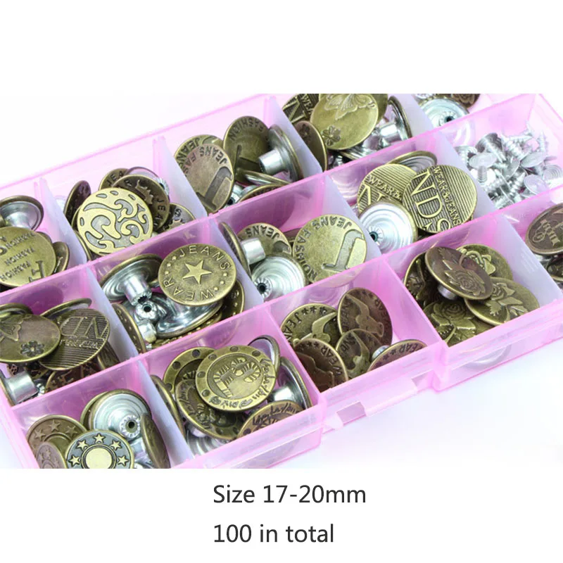 

100Pcs/Set 17mm- 20mm Metal Buttons High QualityMixed Button Clothing Accessories Metal cowboy buckle