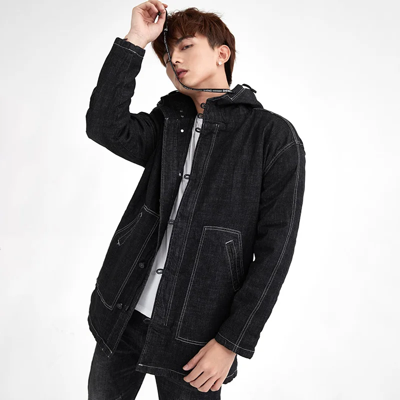 Мужская длинная куртка с капюшоном и надписью черная свободная толстовка модная