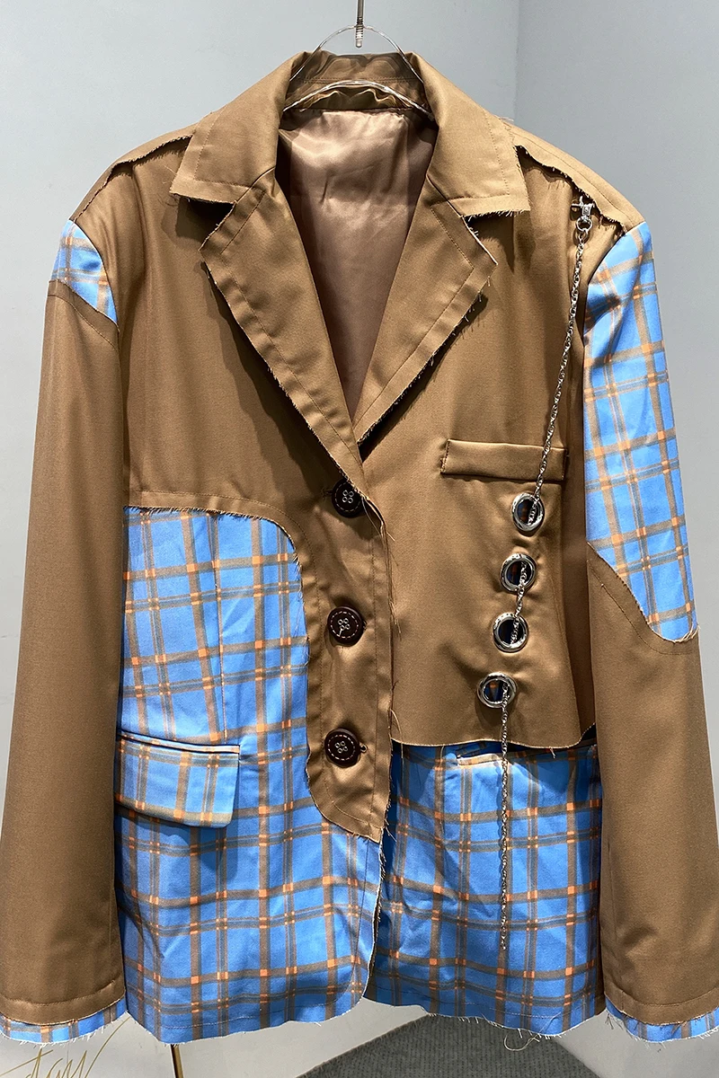 

Street Fashion Plaid Patchwork Single Breasted Full Notched Suit Women Jacket