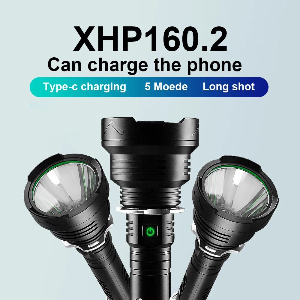 Высокий люмен XHP160.2 Мощный светодиодный вспышка светильник 18650 или 26650 USB фонарь