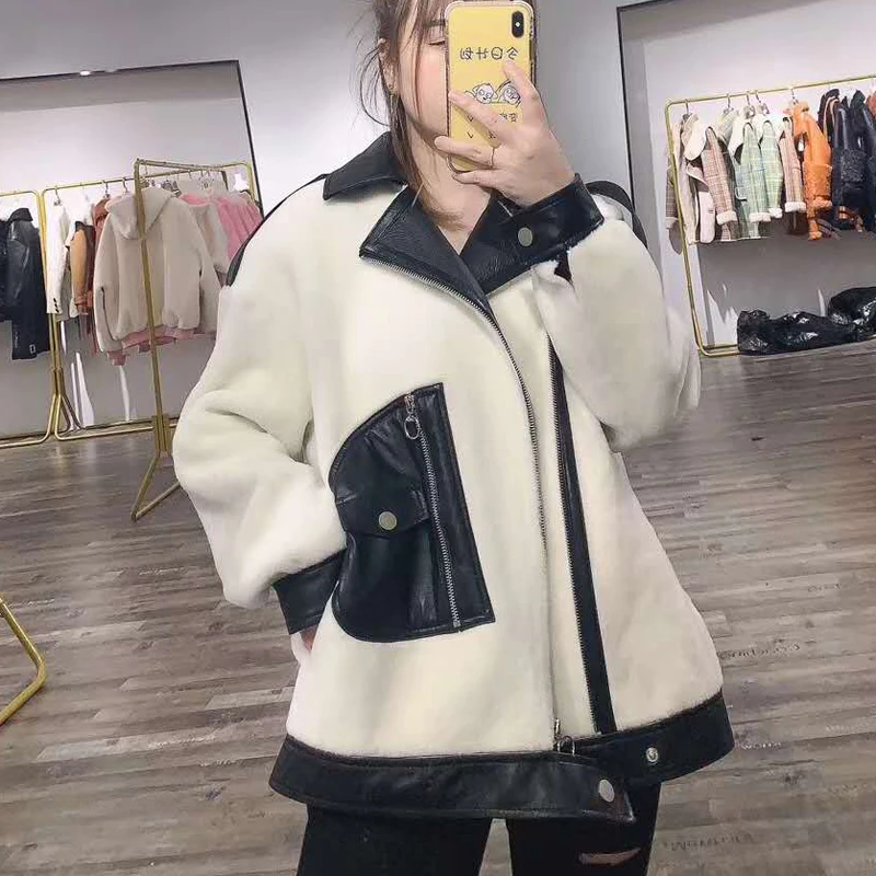 

Coat Women Double-Faced Fur Winter Plus Size Genuine Leather Jacket Thick Warm Turn-Down Collar Sheep Wool Parka Real + FN008