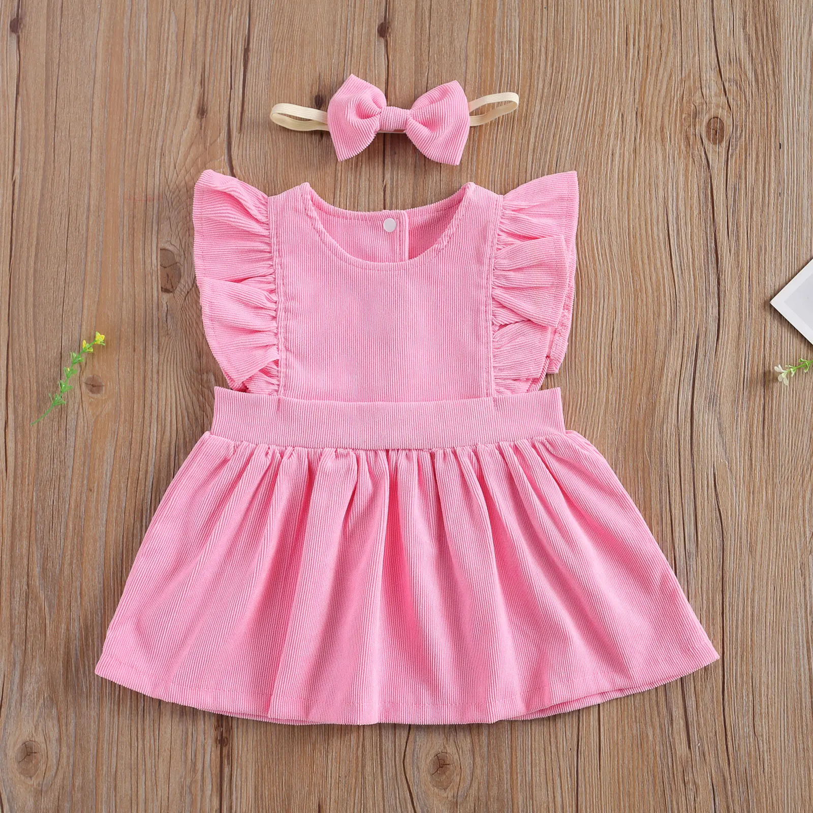 

2021 Fashion Kids Baby Girls Solid Corduroy Dress Outfit Set Fly Sleeve Gown+Headband Set for Children Girls 1-6Years