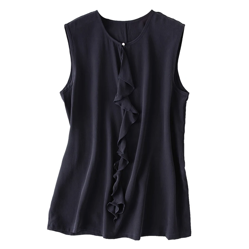 

SHUCHAN Office Lady Women-blouses 100% Natural Silk Ruffles O-Neck Sleeveless Thin Feminine Clothes Women Office Clothing