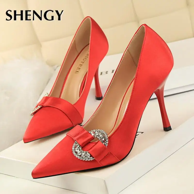 

Women High Heels 2021New Casual Shallow Satin Fashion 9Cm Pumps Pointed Toe Party Autumn Spring Thin Heels Women High Heels