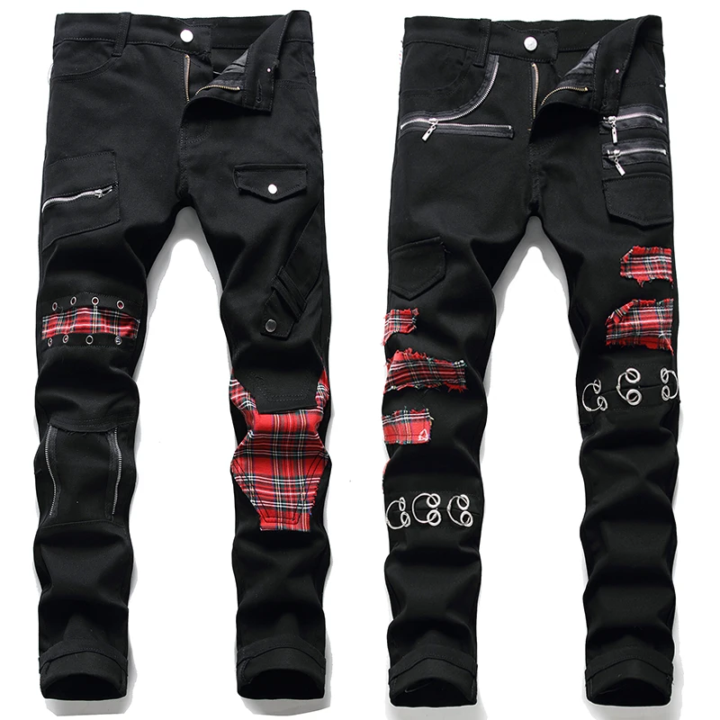 

Spring Men's Tartan Scotch Plaids Patchwork Black Jeans Trendy Punk Rock Rivet Pants Slim Straigh Casual Denim Trousers