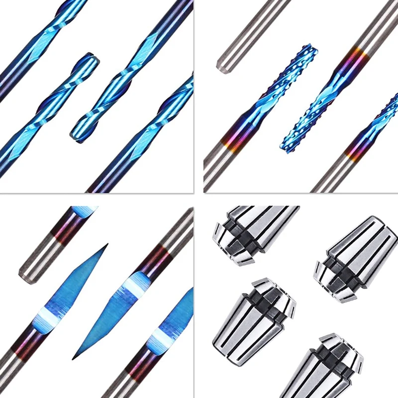 

Nano Blue Coat End Mill CNC Engraving Router Bits Essential Kit 30Pcs Router Bits and 7Pcs ER11 Spring Collet Set