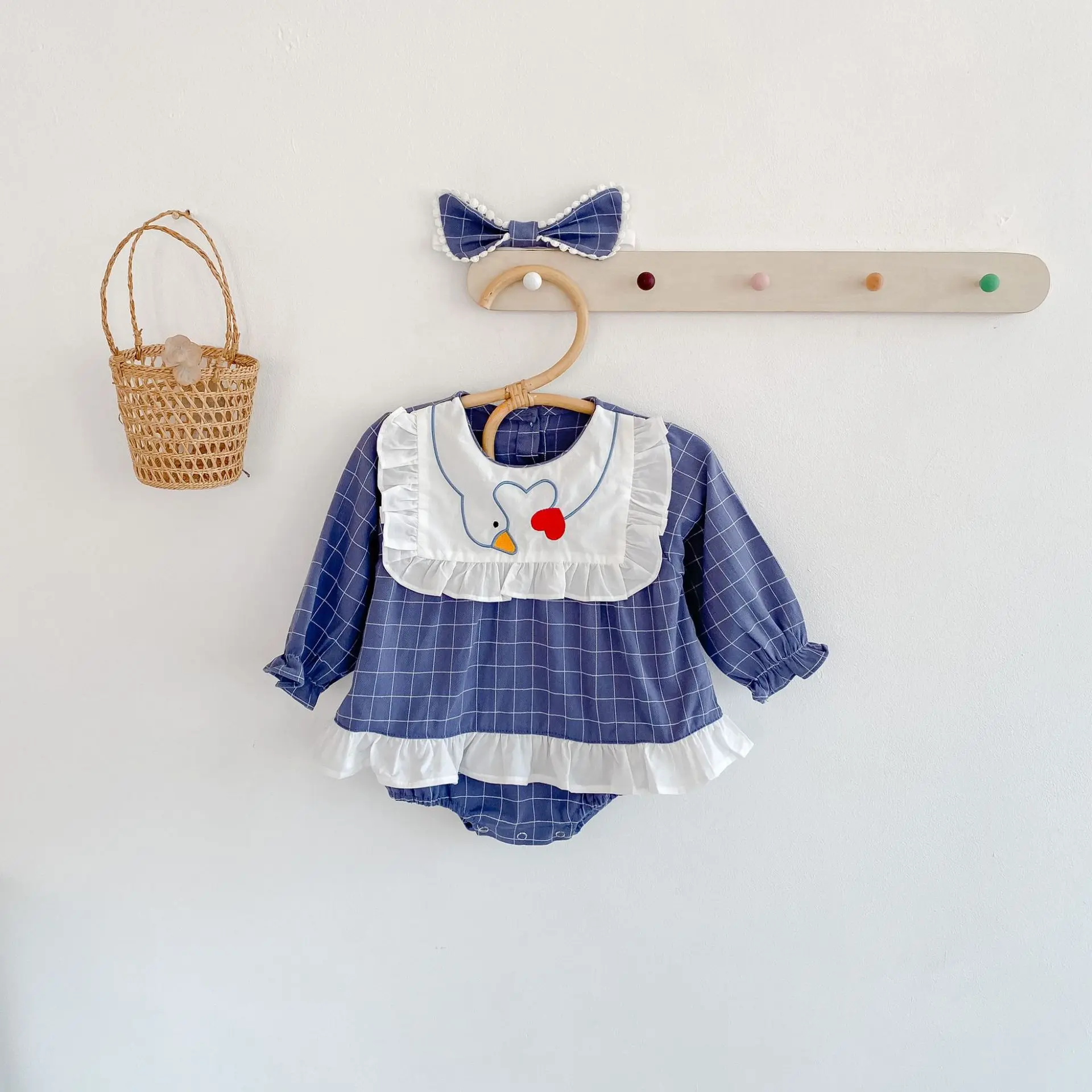 

Newborn Cartoon Goose Embroidery Clothes Baby Long Sleeve Blue Plaid Boys Girls Bodysuit Spring Autumn Cute Princess Lace Collar