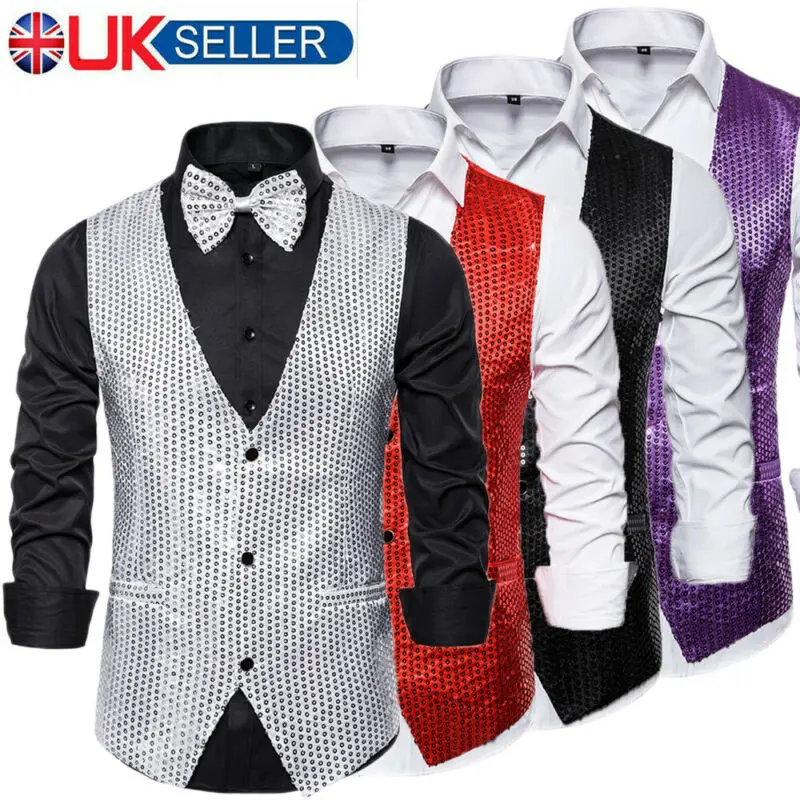 2019 Men Shiny Sequin Glitter Embellished Blazer Jacket Vests With Bow Tie Nightclub Evening Party Suits | Мужская одежда