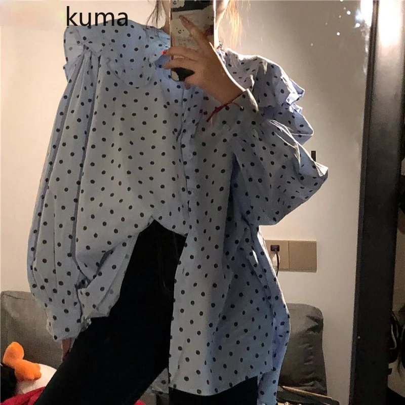 

Dot Sweet Women Blouse Shirt Causal Ruffled Collar Long Sleeve Tops 2021 Spring Korean New De Moda Blusas Mujer