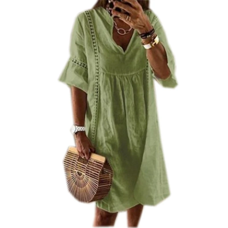 

2021 Summer Dress Women's V Neck Flare Sleeve Sundress Bohemian Lace Female Hollow Patchwork Robe Femme Tunic Vestidos